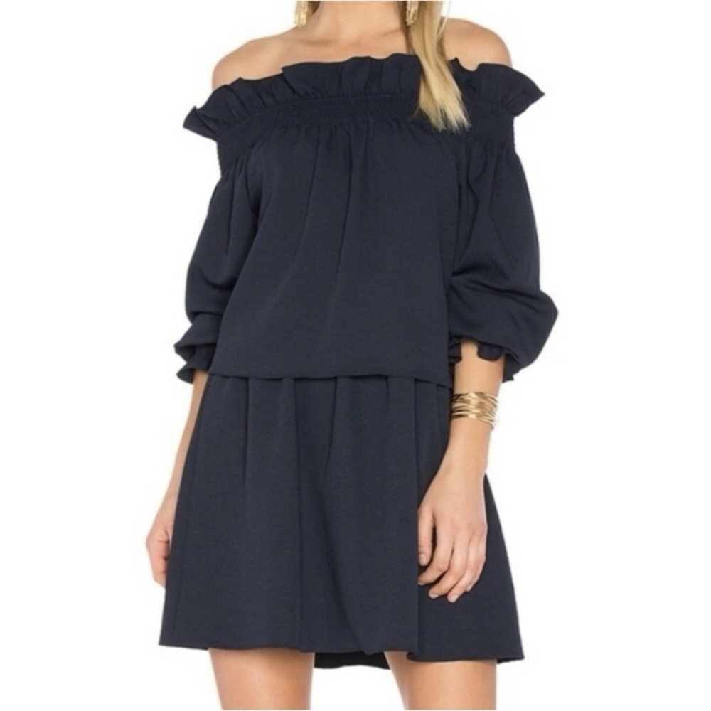 Diane von Furstenberg Georgie Ruffled Popover Crepe Navy Dress‎ Sz M